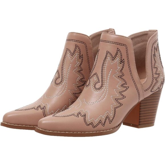 ✨Women Brown Cowboy Boots Ankle Western Embroidered Stitched Toe Chunky Heels - Picture 4 of 7